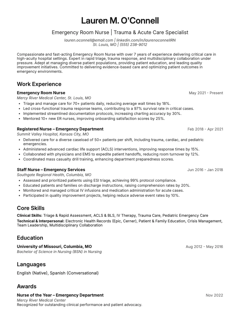 Emergency Room Nurse Resume Example
