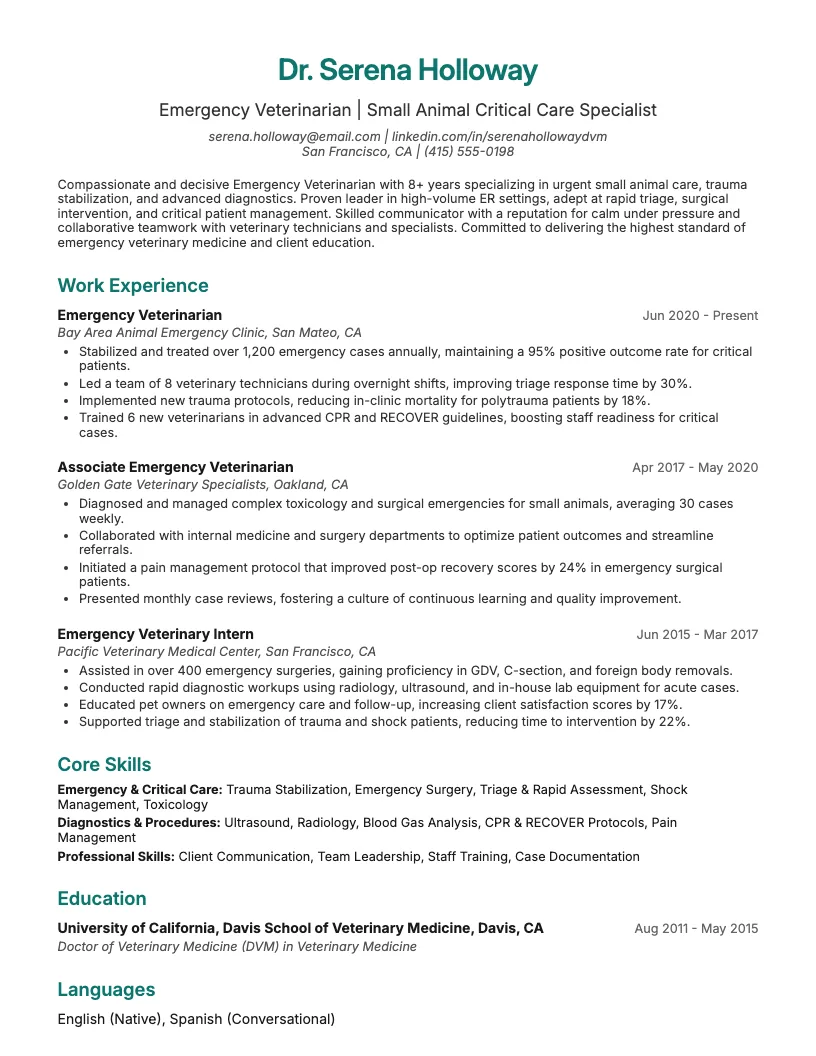 Emergency Veterinarian Resume Example