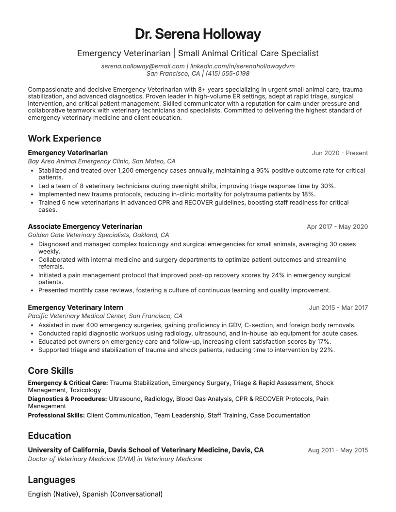 Emergency Veterinarian Resume Example