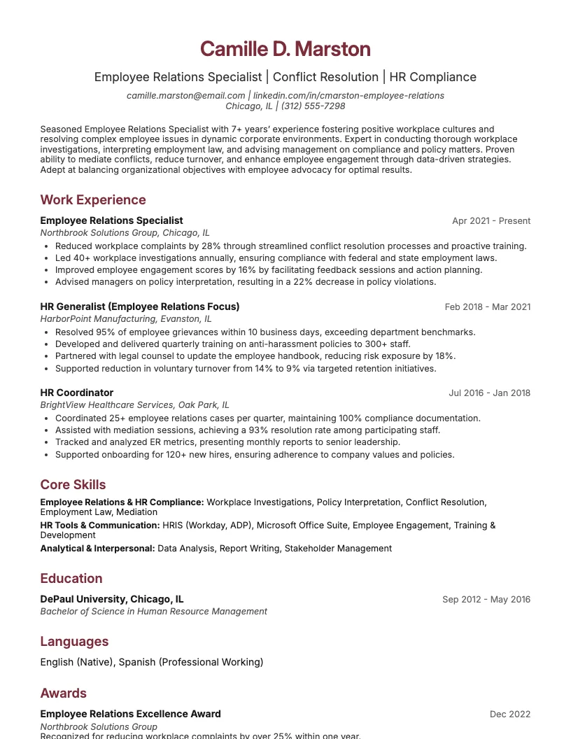 Employee Relations Specialist Resume Example