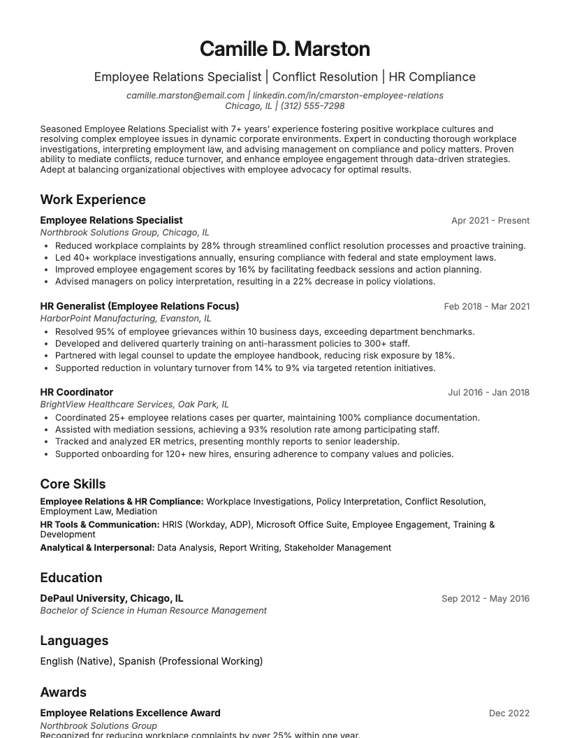 Employee Relations Specialist Resume Example