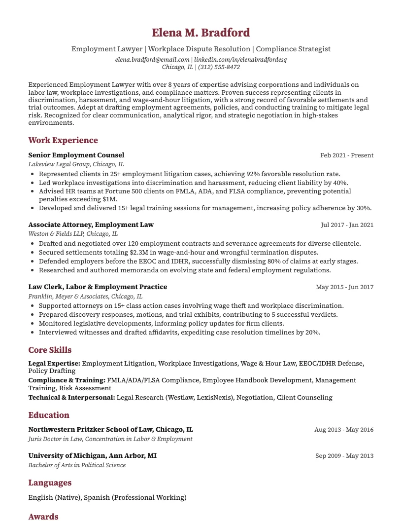 Employment Lawyer Resume Example