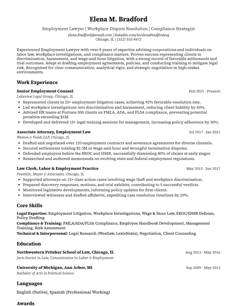 Employment Lawyer Resume Example