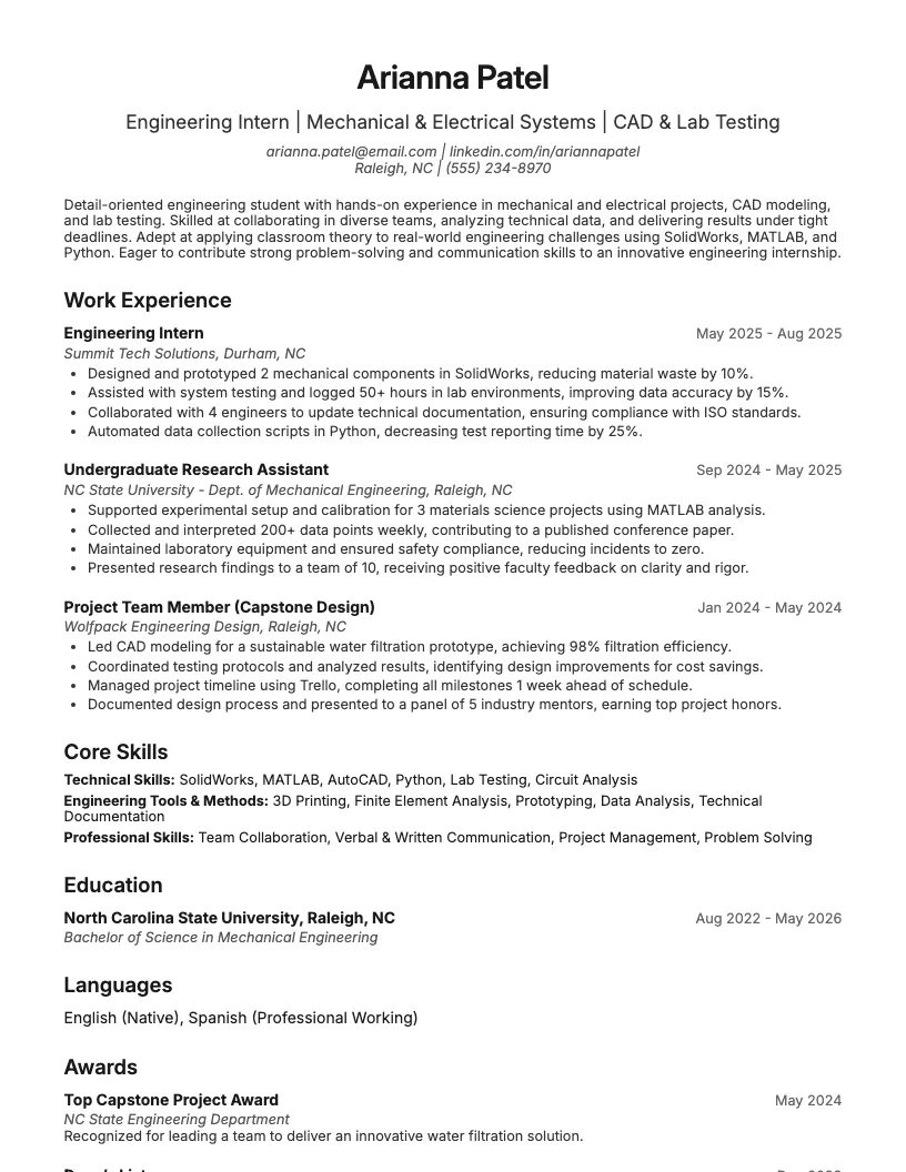 Engineering Internship Resume Example