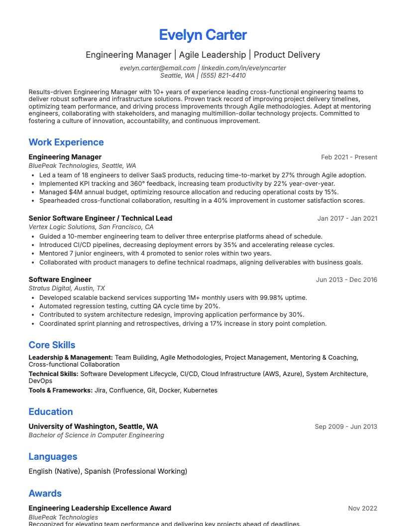 Engineering Manager Resume Example