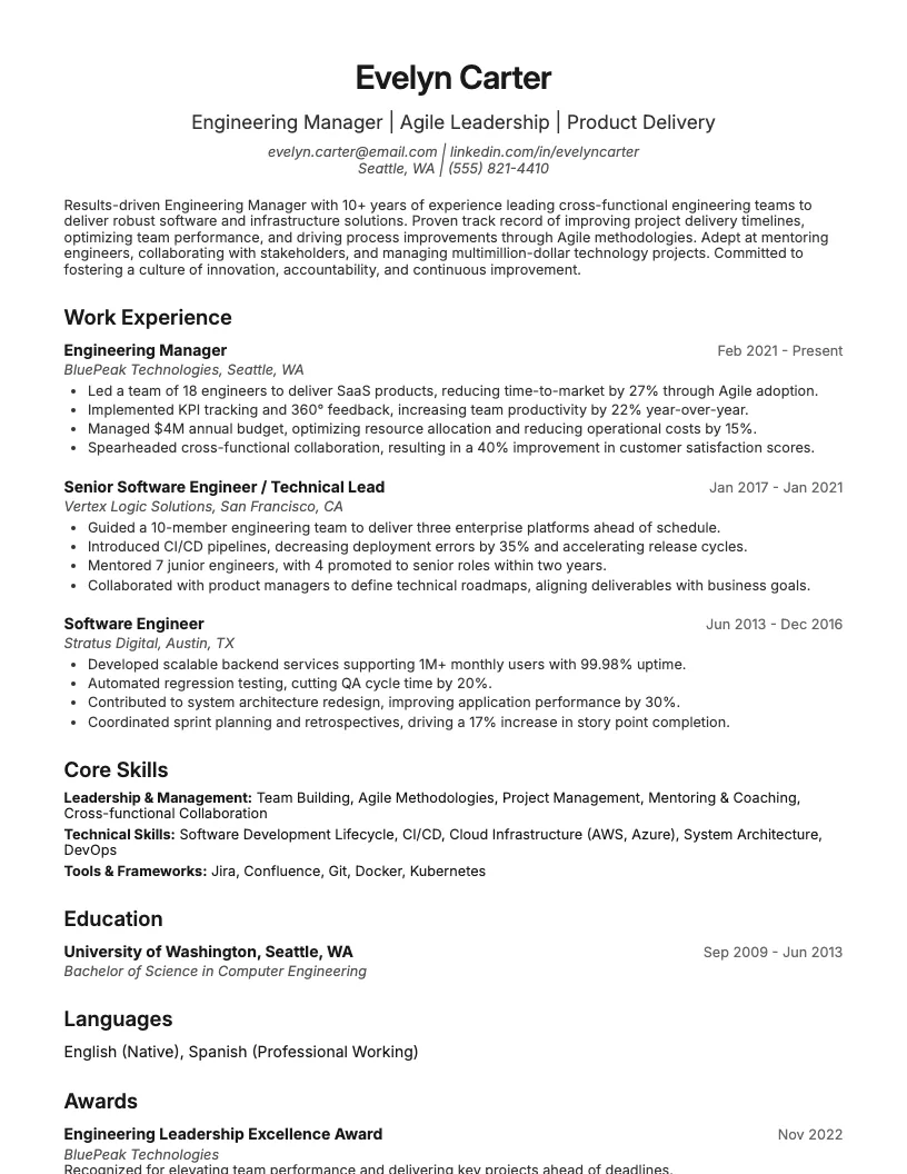 Engineering Manager Resume Example