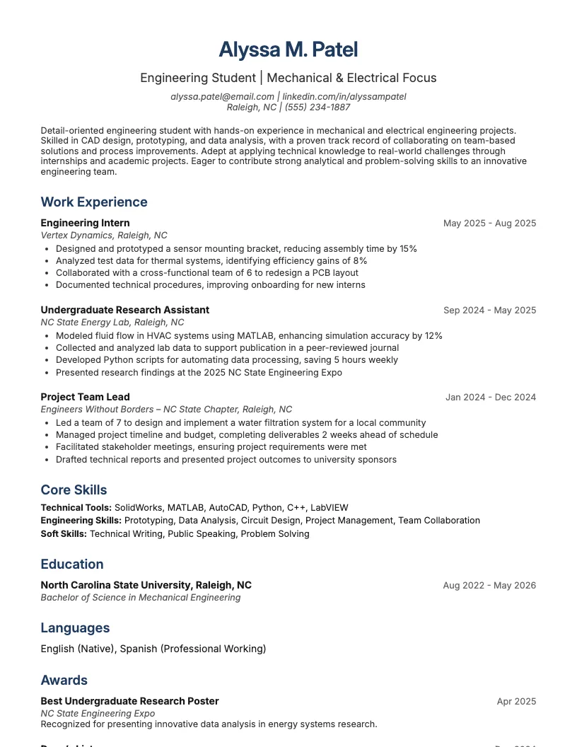 Engineering Student Resume Example