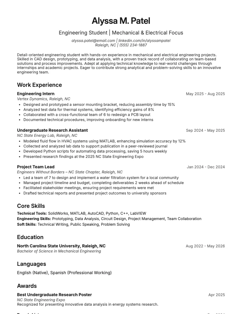 Engineering Student Resume Example