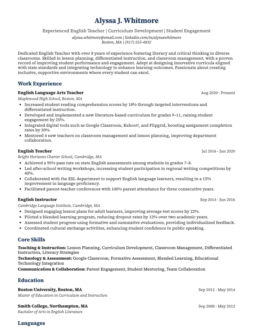 English Teacher Resume Example