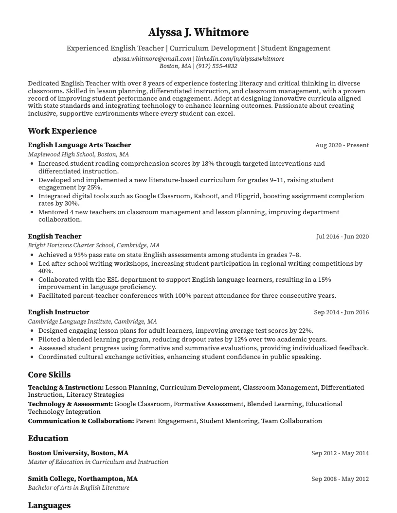 English Teacher Resume Example