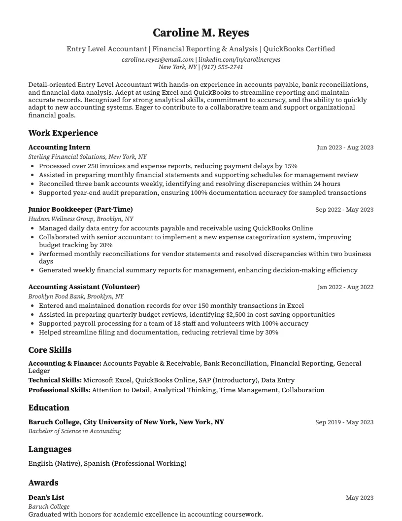 Entry Level Accountant Resume Example
