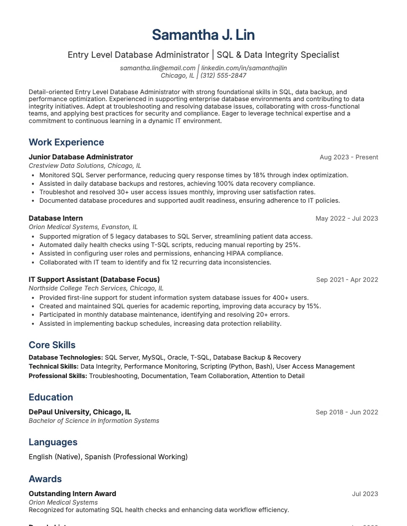 Entry Level Database Administrator Resume Example