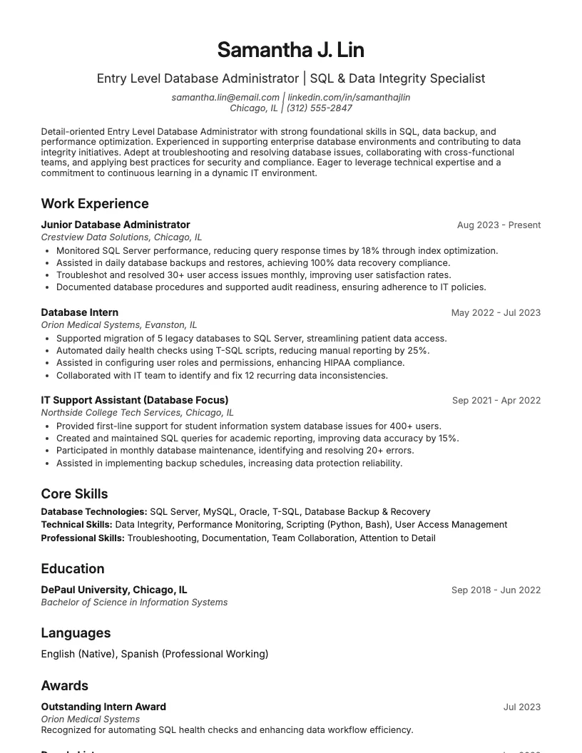 Entry Level Database Administrator Resume Example
