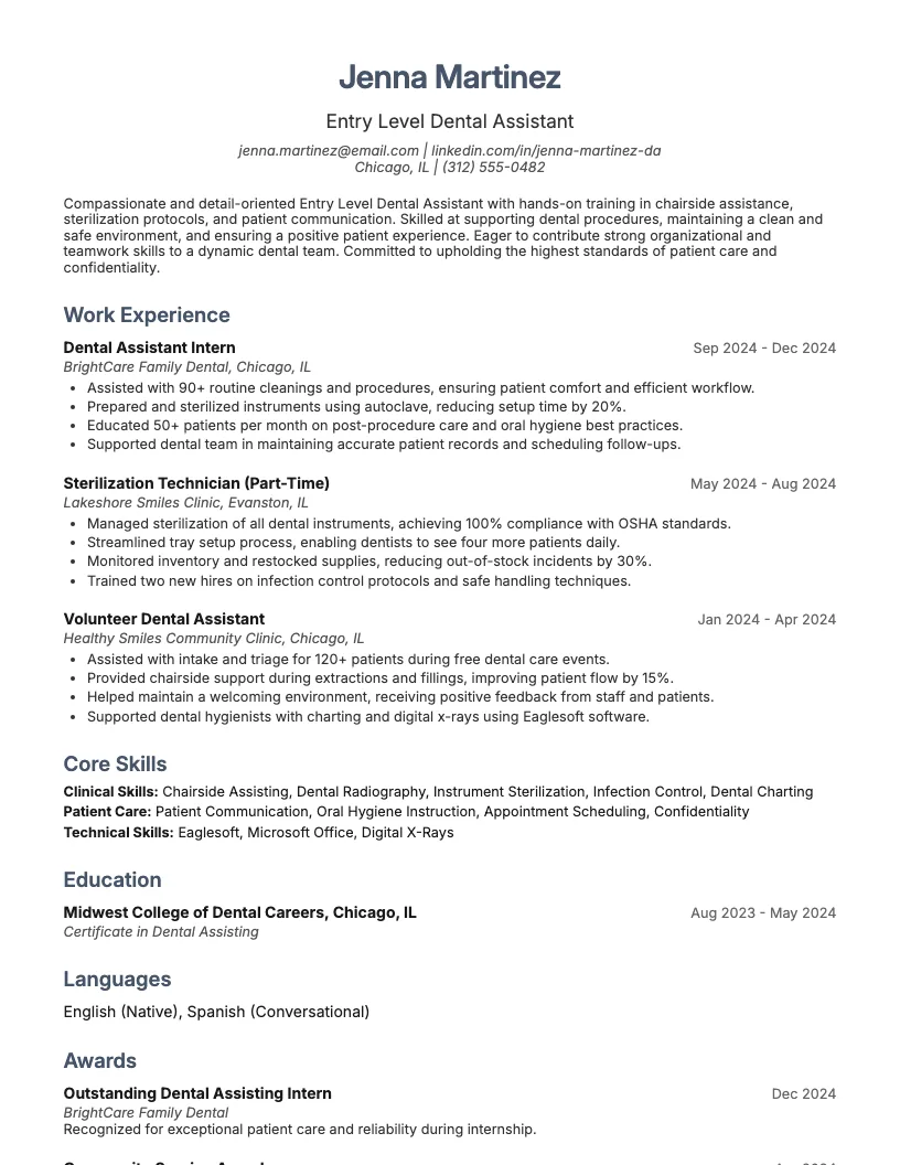 Entry Level Dental Assistant Resume Example