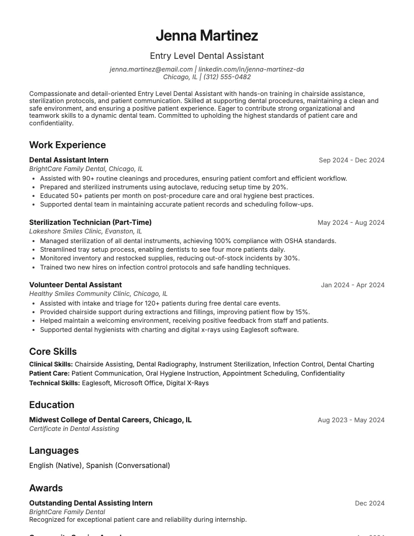 Entry Level Dental Assistant Resume Example
