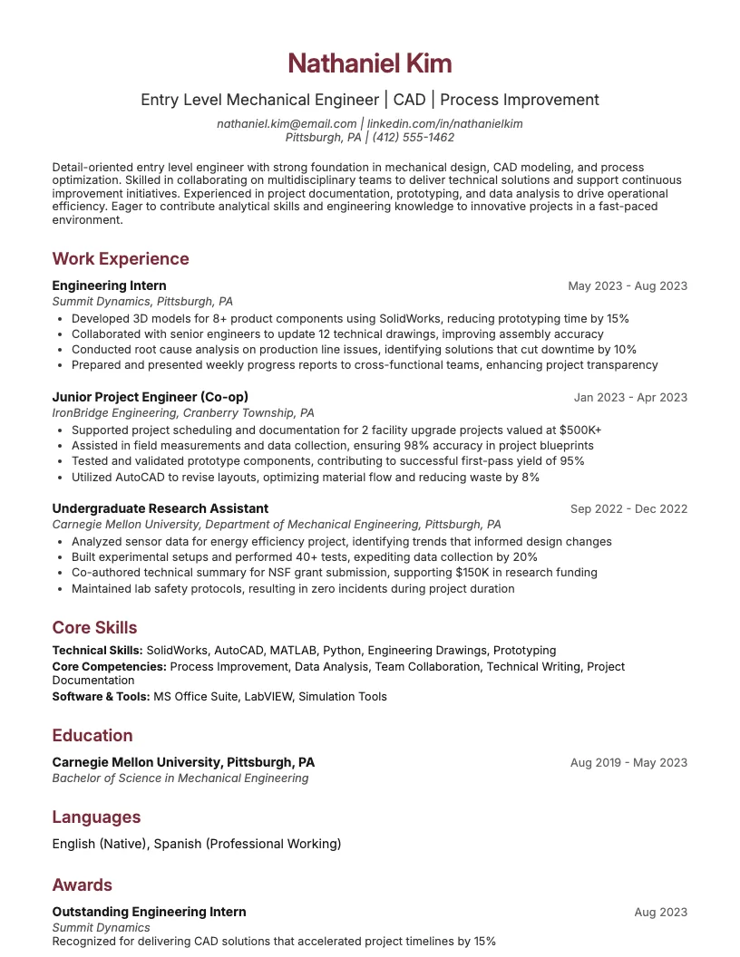 Entry Level Engineering Resume Example