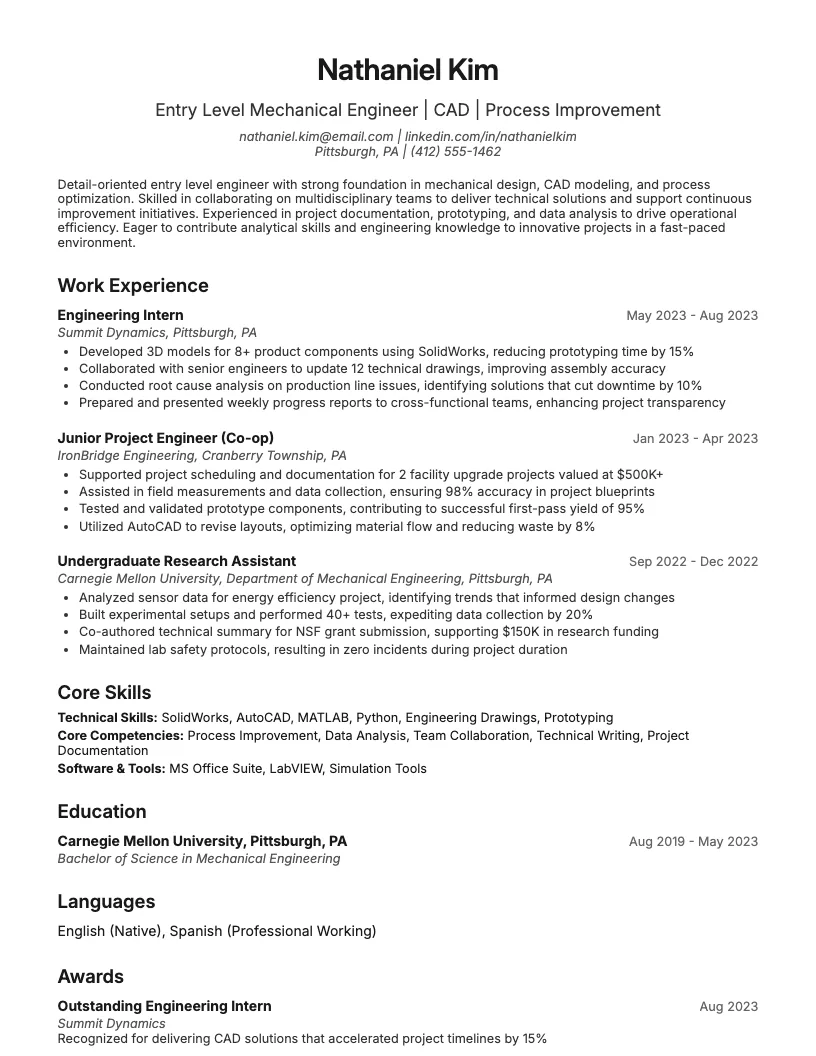 Entry Level Engineering Resume Example