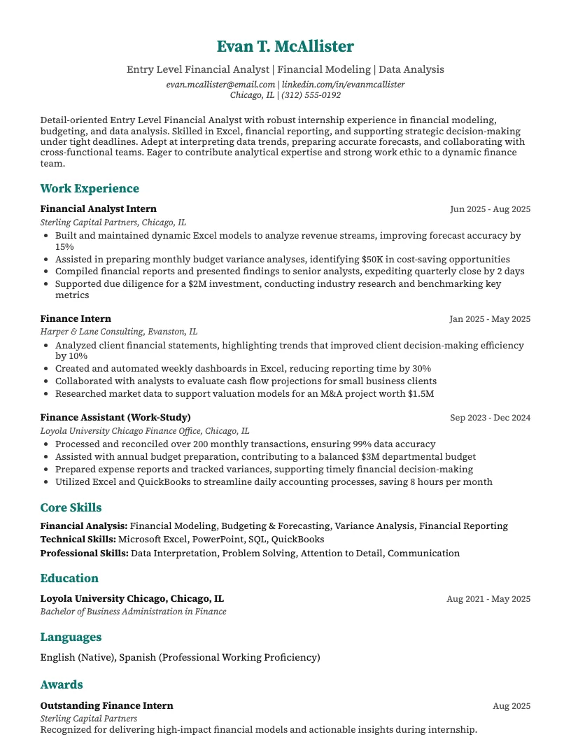 Entry Level Financial Analyst Resume Example