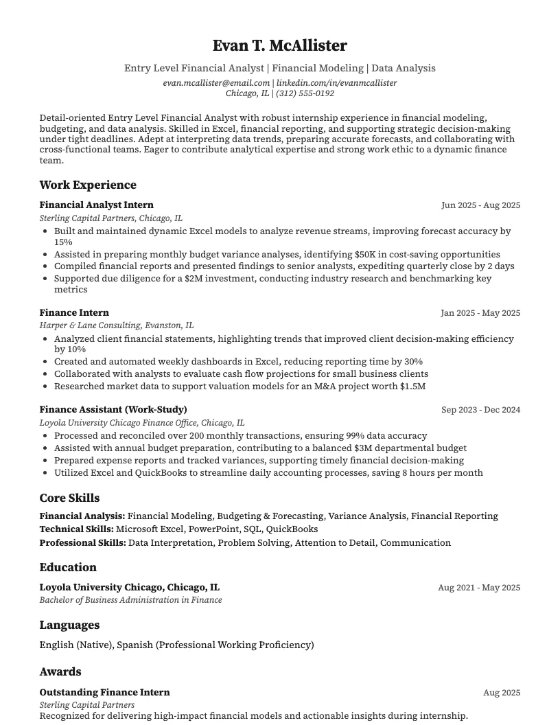 Entry Level Financial Analyst Resume Example