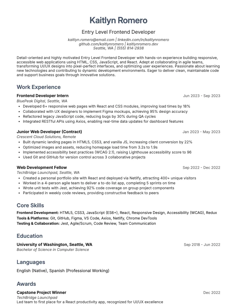 Entry Level Frontend Developer Resume Example