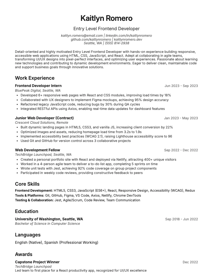 Entry Level Frontend Developer Resume Example