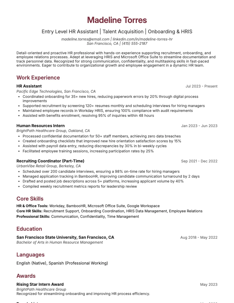 Entry Level HR Resume Example