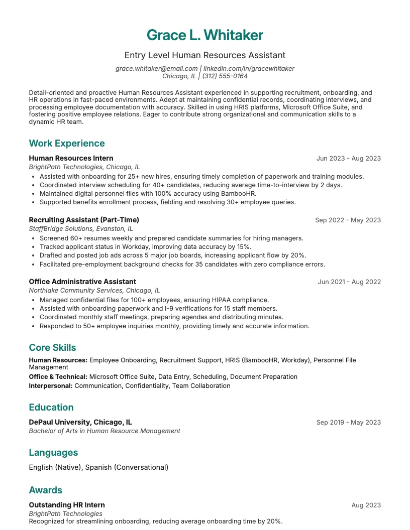 Entry Level Human Resources Assistant Resume Example