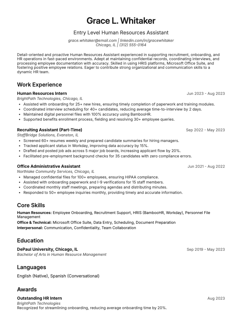 Entry Level Human Resources Assistant Resume Example