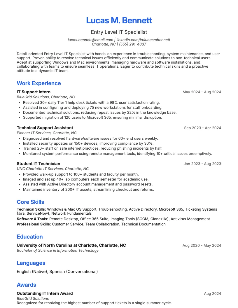 Entry Level It Specialist Resume Example