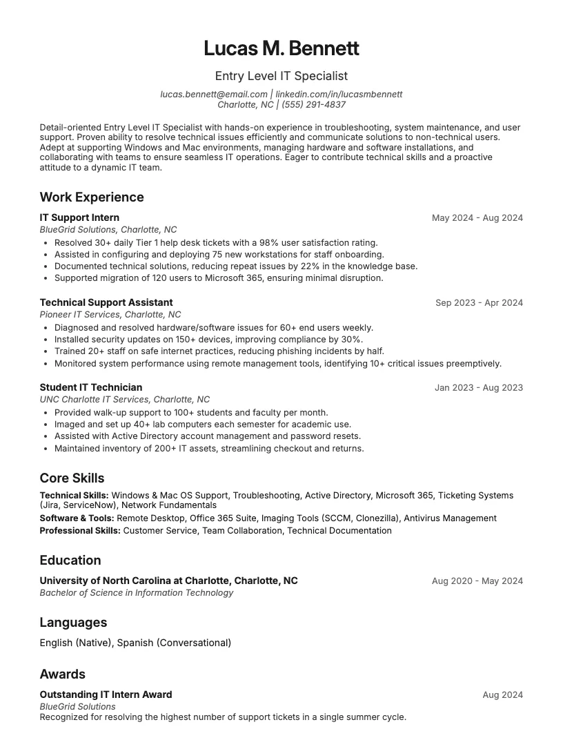Entry Level It Specialist Resume Example