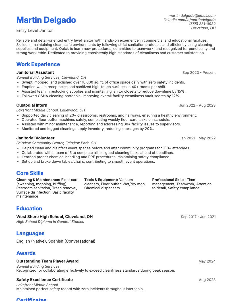 Entry Level Janitor Resume Example