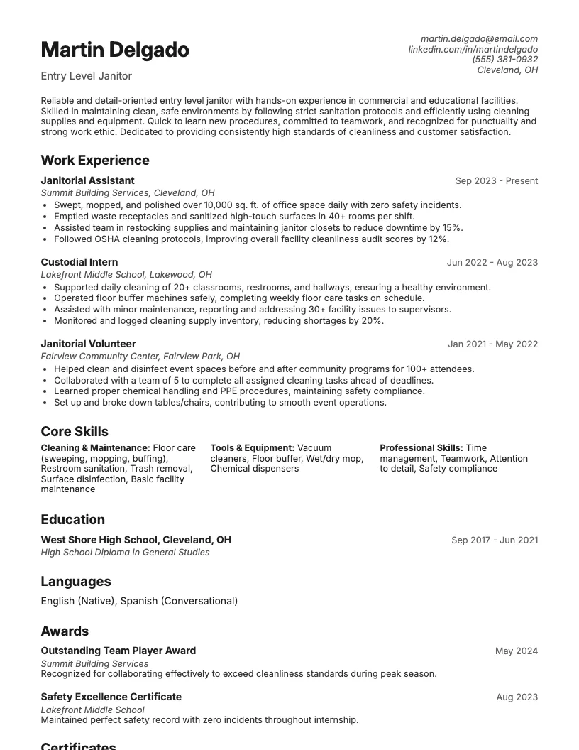Entry Level Janitor Resume Example