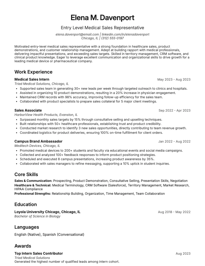 Entry Level Medical Sales Representative Resume Example