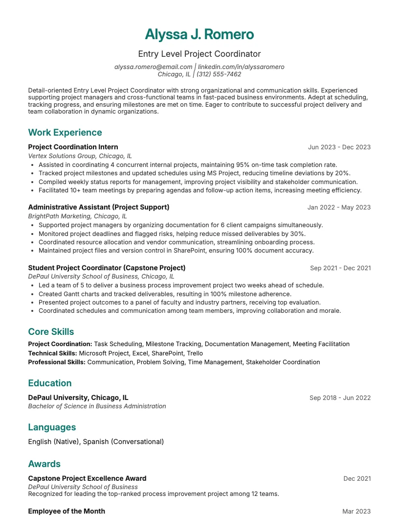 Entry Level Project Coordinator Resume Example