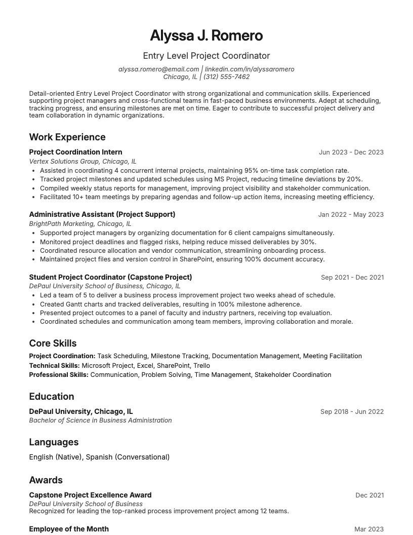 Entry Level Project Coordinator Resume Example