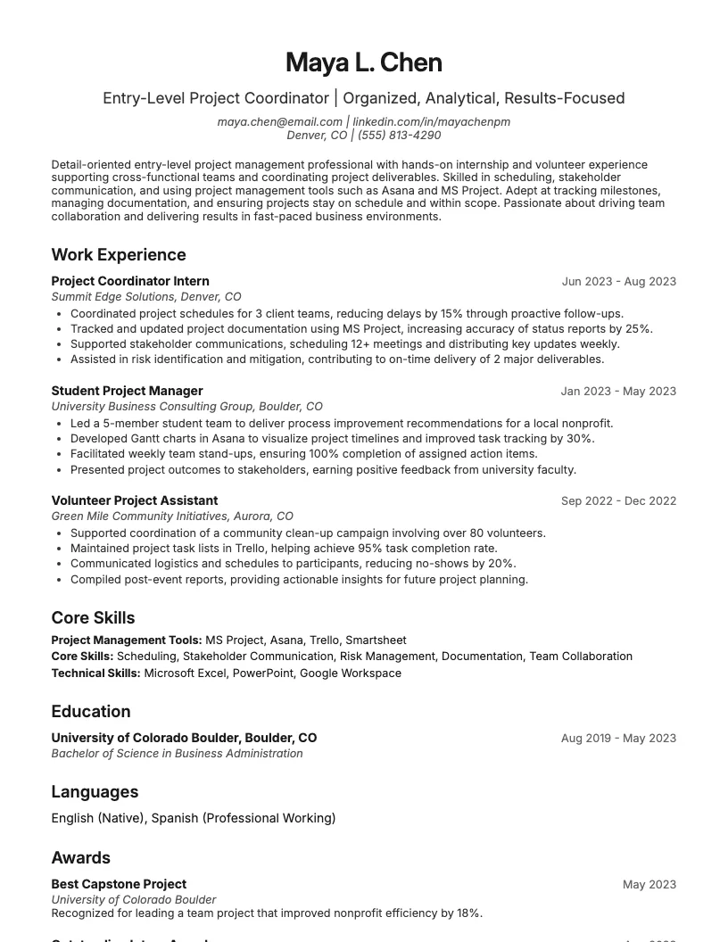 Entry Level Project Management Resume Example