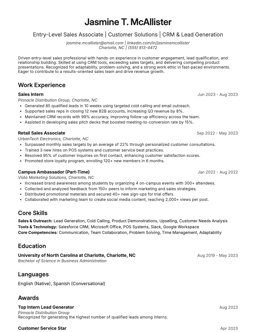 Entry Level Sales Representative Resume Example
