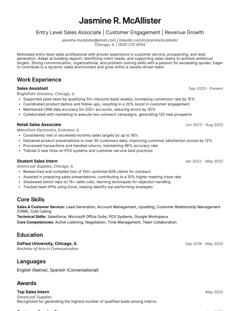 Entry Level Sales Resume Example