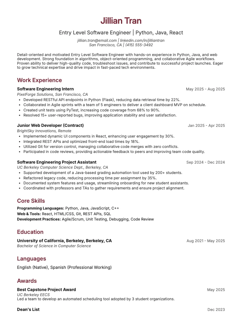 Entry Level Software Engineer Resume Example