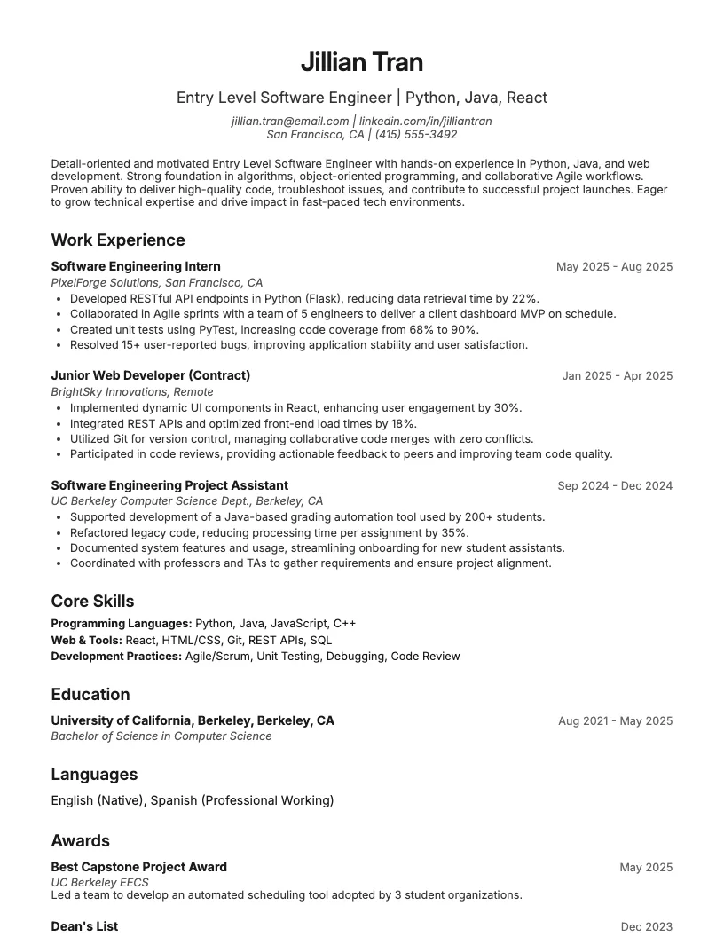 Entry Level Software Engineer Resume Example