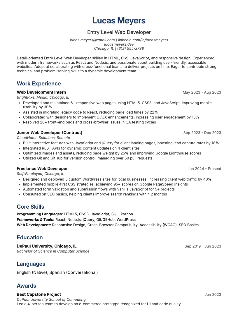 Entry Level Web Developer Resume Example