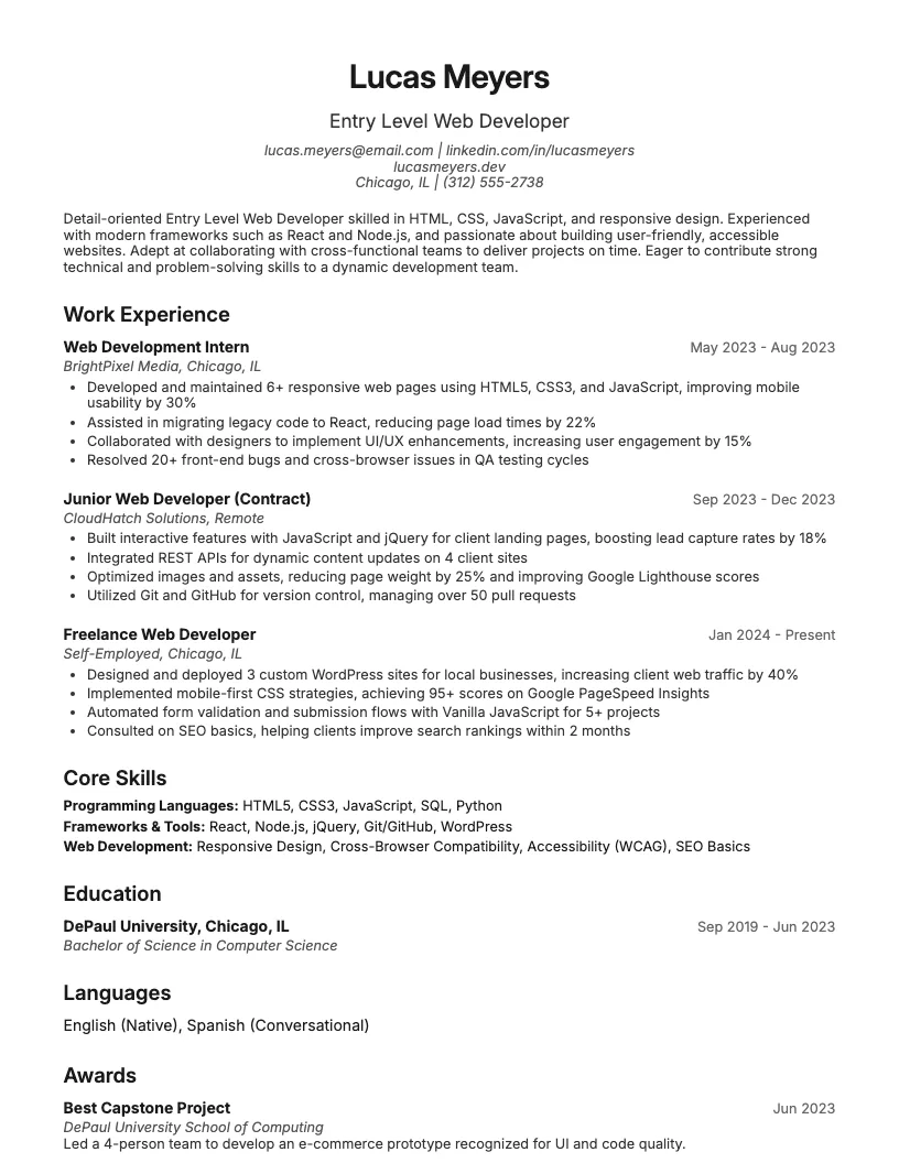 Entry Level Web Developer Resume Example