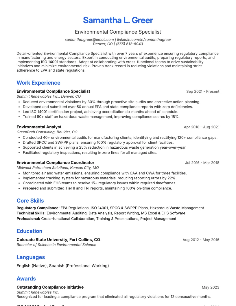 Environmental Compliance Specialist Resume Example
