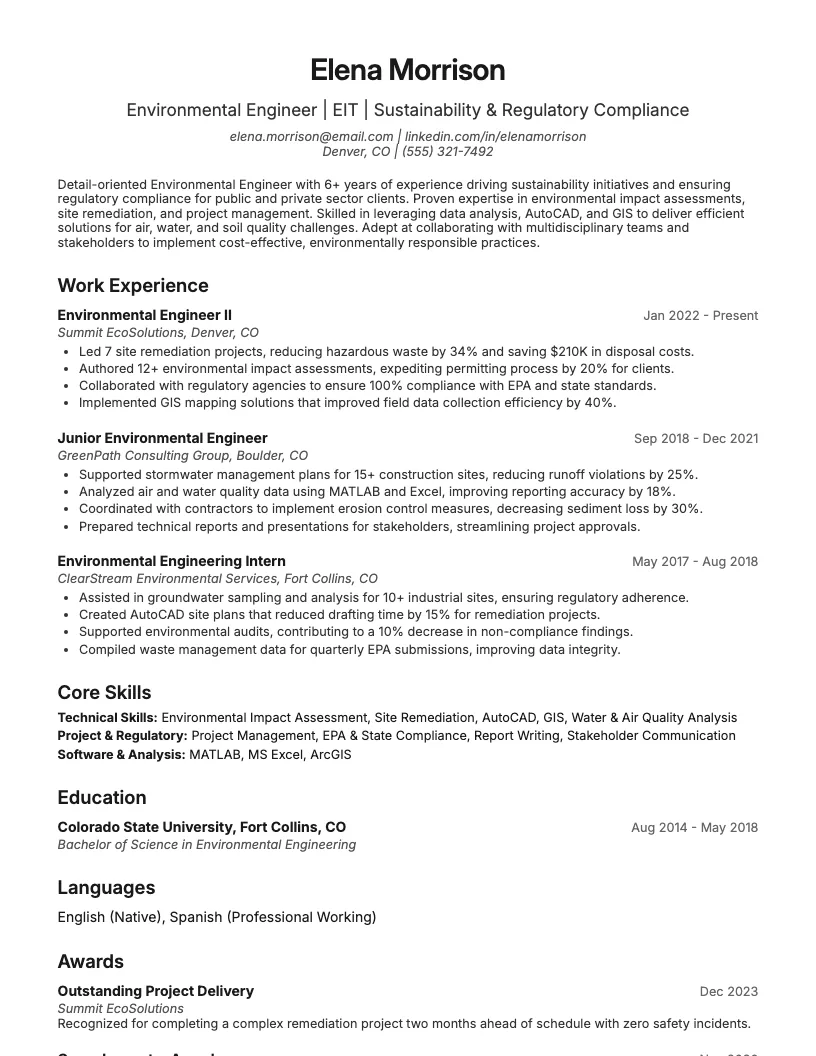 Entry Level Environmental Engineer Resume Example