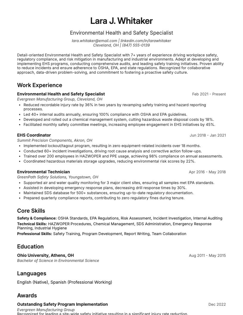 Environmental Health and Safety Specialist Resume Example