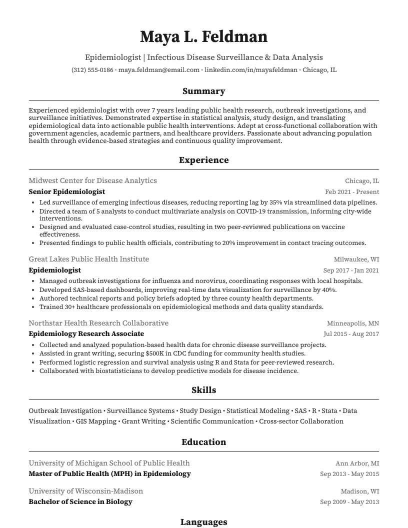 Epidemiologist Resume Example
