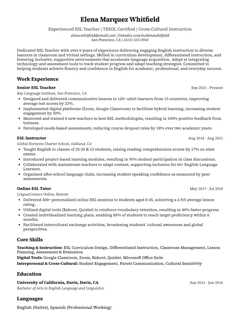Esl Teacher Resume Example