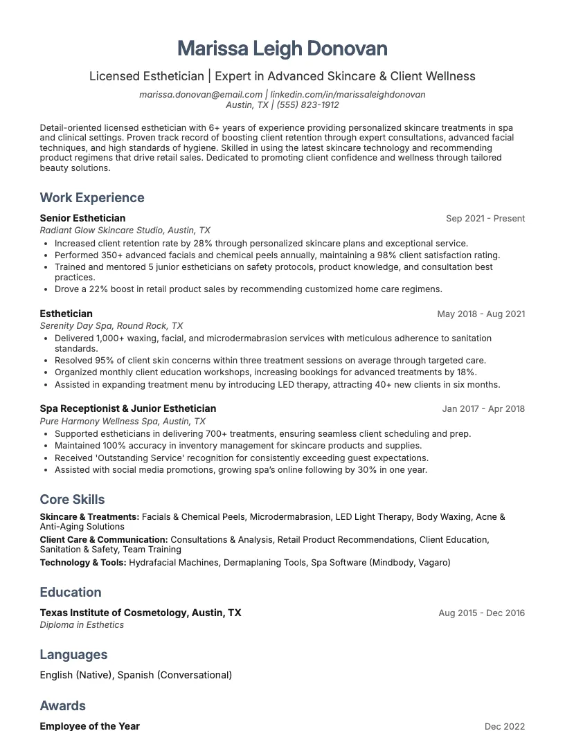 Esthetician resume example