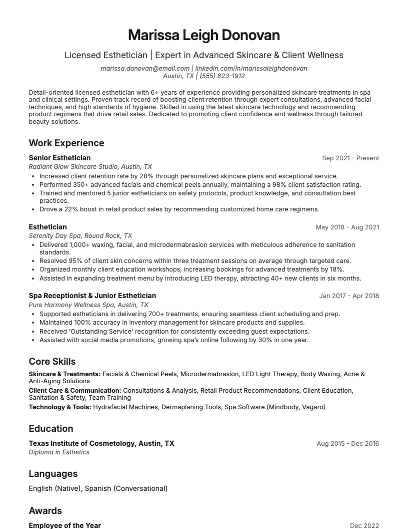 Esthetician Resume Example