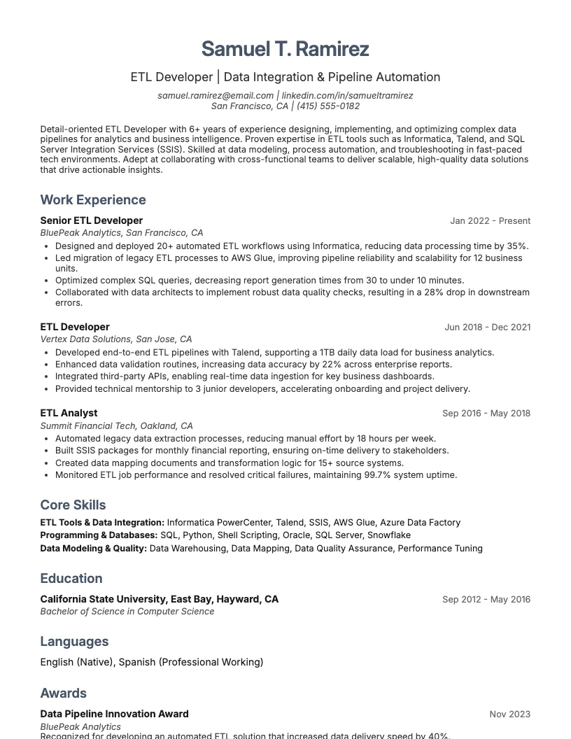ETL Developer Resume Example
